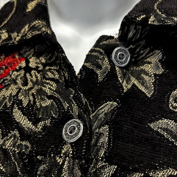 Chico's Jacquard Floral Jacket 0 (Small 4) Black Red Gold Embroidered Christmas - Picture 11 of 16